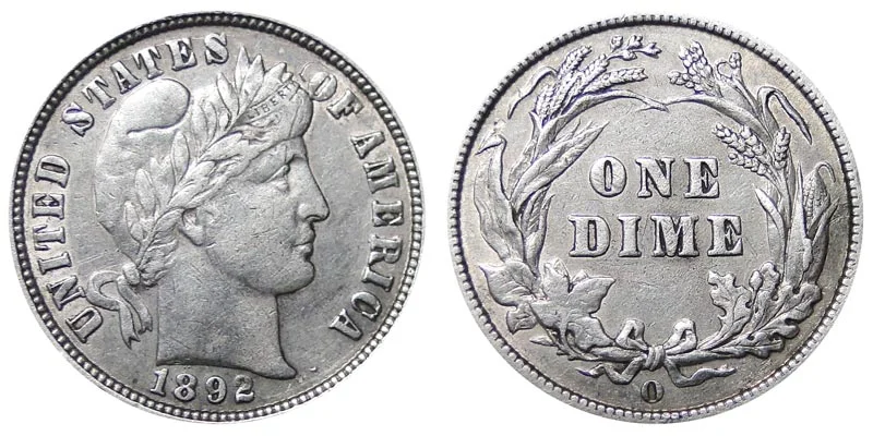 1892 Barber dime obverse and reverse showing Lady Liberty portrait and heraldic eagle with mint mark area