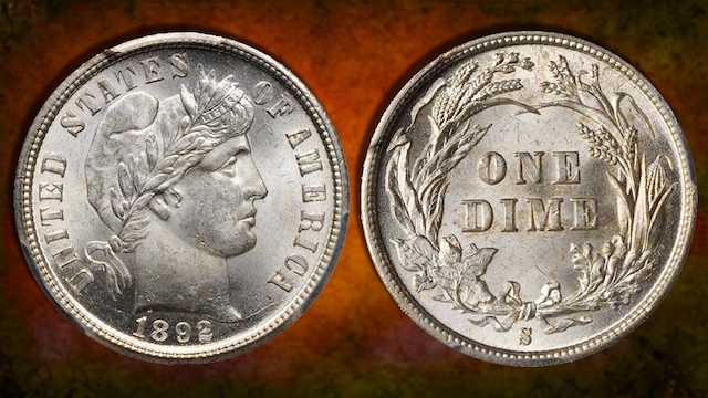 Side-by-side comparison of 1892-P reverse (no mint mark) versus 1892-S reverse showing the S mint mark above ONE DIME