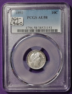 1892 Barber dime FS-301 repunched date variety close-up showing secondary digit impressions