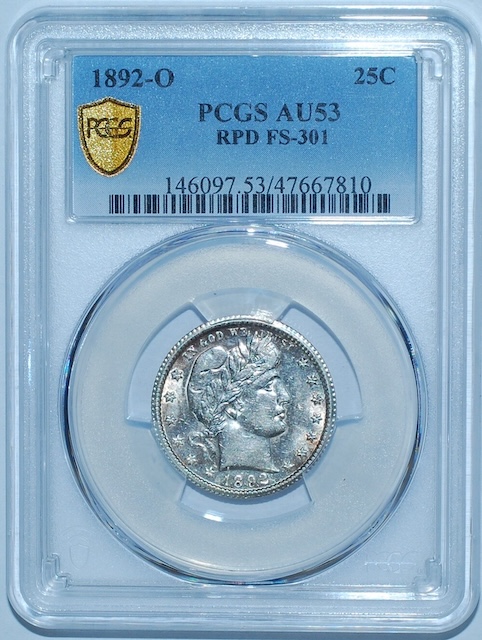1892-O Barber dime FS-301 repunched date variety showing New Orleans mint mark and magnified date with secondary impressions