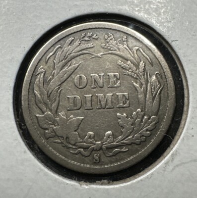 1892-S Barber dime reverse showing small S San Francisco mint mark above ONE DIME denomination