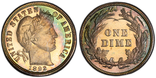 1892 Barber dime grading strip showing four coins in progressive conditions from heavily worn Good to pristine Mint State